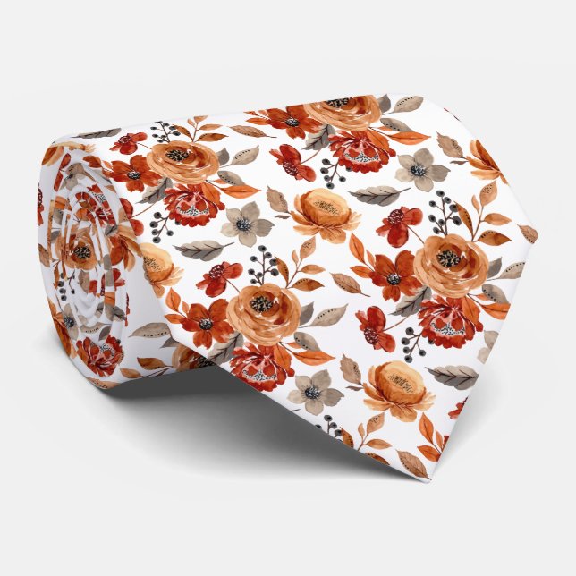 Watercolor Brown Floral Pattern Tie (Rolled)