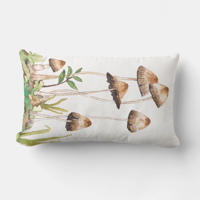 Watercolor Brown Forest Mushrooms Lumbar Pillow (Front)