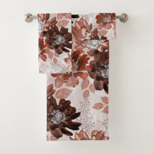 Watercolor brown grey floral pattern. bath towel set