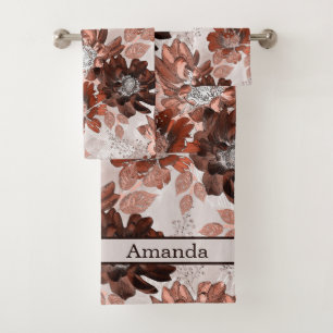 Watercolor brown grey floral pattern. bath towel set