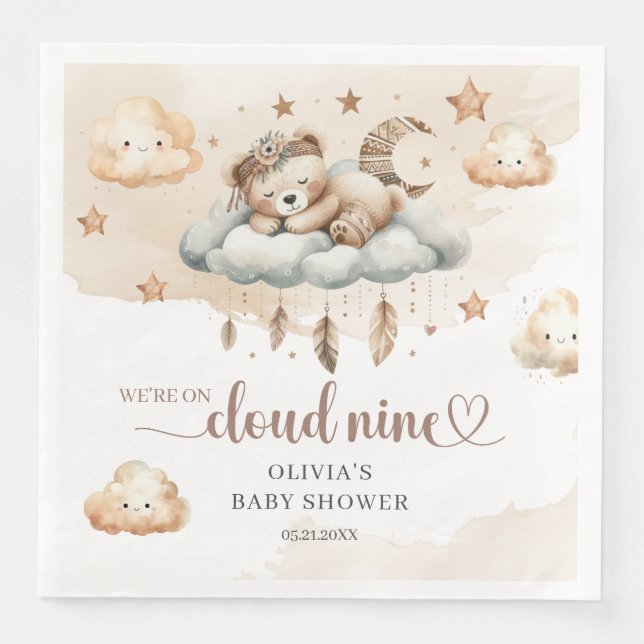 Watercolor brown ivory boho feathers cloud nine napkin (Front)