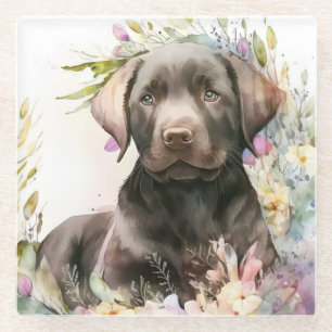 Watercolor Brown Labrador Retriever and Flowers Glass Coaster