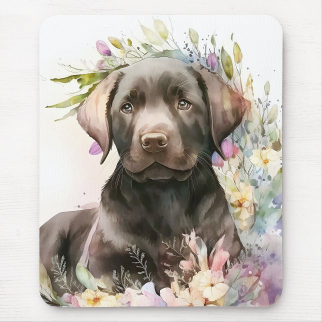 Watercolor Brown Labrador Retriever and Flowers Mouse Pad (Front)