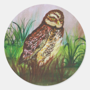 Watercolor Brown Owl with Green Leaves Background Classic Round Sticker