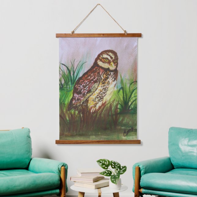 Watercolor Brown Owl with Green Leaves Background Hanging Tapestry (Living Room)