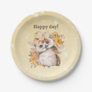 Watercolor Brown Owl with Green Leaves Background Paper Plate