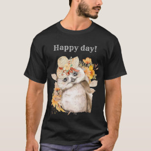 Watercolor Brown Owl with Green Leaves Background T-Shirt