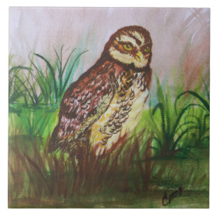 Watercolor Brown Owl with Green Leaves Background Tile