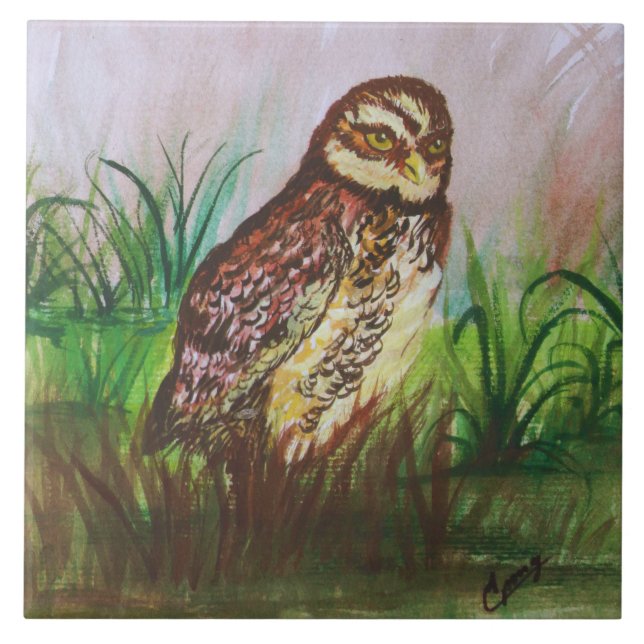 Watercolor Brown Owl with Green Leaves Background Tile (Front)
