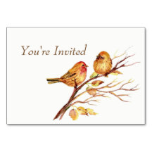 Watercolor Brown Red Gold Birds Wedding Invite