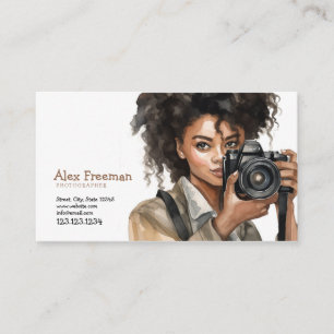 Watercolor Brown & White Lady Photographer Business Card