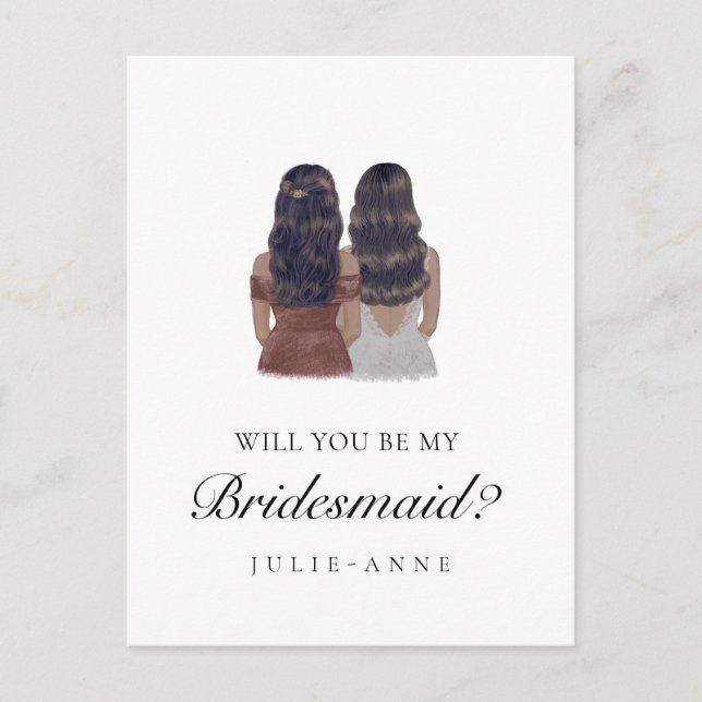Watercolor Brunette Bridesmaid Proposal Postcard (Front)