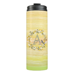 Watercolor Brush Lines, Spring Wreath Monogram Thermal Tumbler