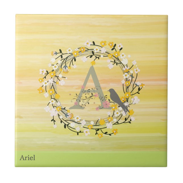 Watercolor Brush Lines, Spring Wreath Monogram Tile (Front)