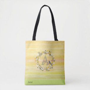 Watercolor Brush Lines, Spring Wreath Monogram Tote Bag