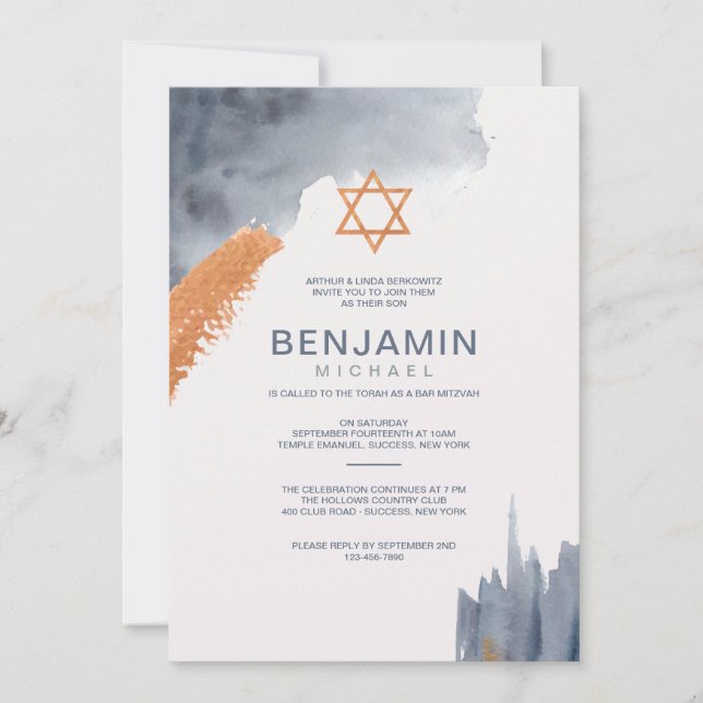 Watercolor Brush Strokes Bar Mitzvah Invitation (Front)