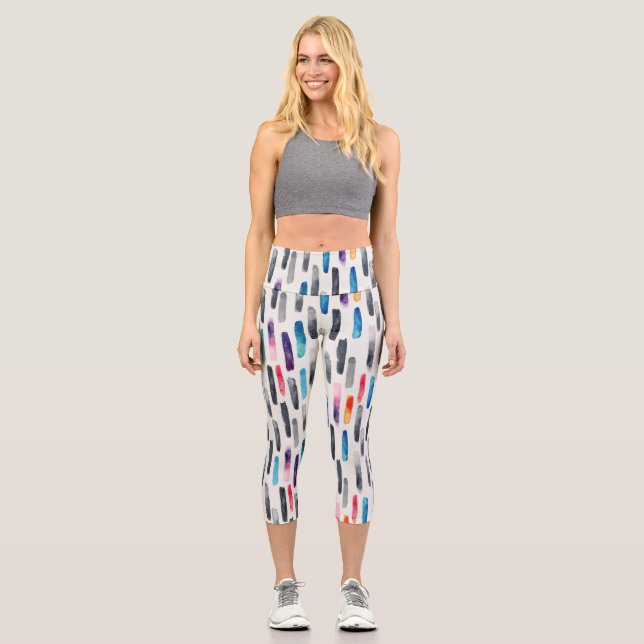 Watercolor brush strokes, colourful seamless patte capri leggings (Front)