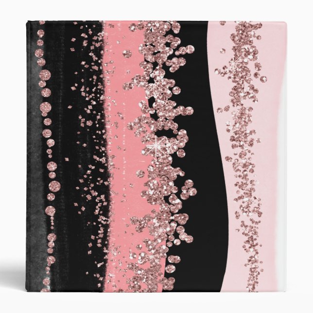 Watercolor Brush Strokes Rose Gold Faux Glitter Binder (Front)