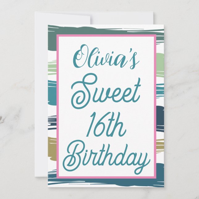 Watercolor Brush Strokes Sweet 16 Birthday Invitation (Front)