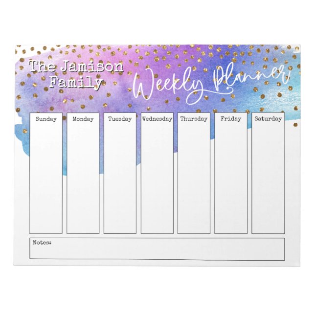 Watercolor Brushstroke & Confetti Weekly Planner Notepad (Front)