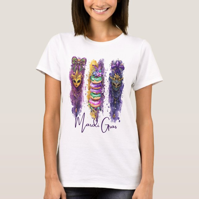 Watercolor Brushstrokes Fat Tuesday Mardi Gras  T-Shirt (Front)