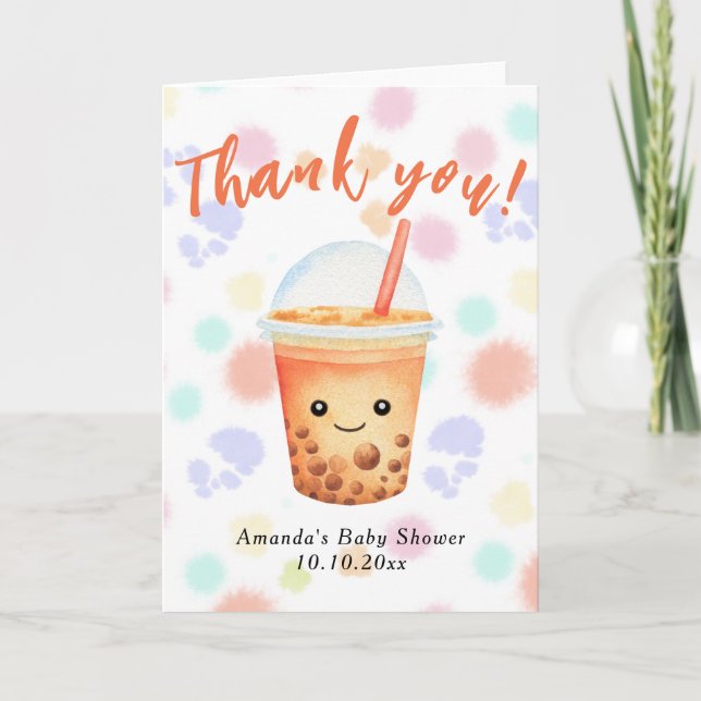 Watercolor Bubble Tea Baby Shower Thank You Card (Front)