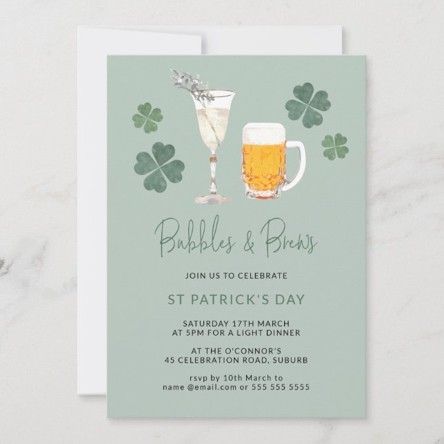 Watercolor Bubbles & Brews St Patricks Day Party Invitation (Front)