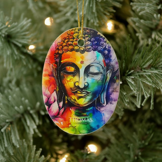Watercolor Buddha Rainbow Personalized Name  Ceramic Ornament (Tree)