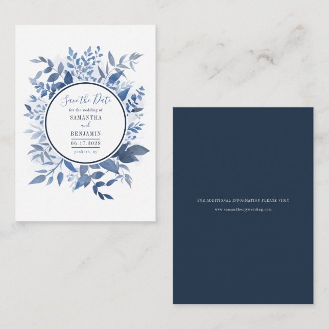 Watercolor Budget Navy Blue Script Save the Date Card (Front/Back)