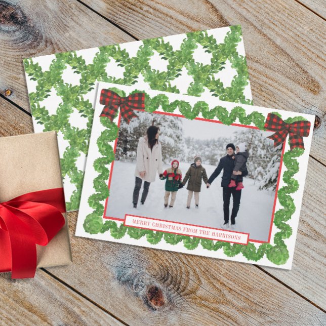 Watercolor Buffalo Plaid Red Bow Garland Photo Holiday Card (Creator Uploaded)