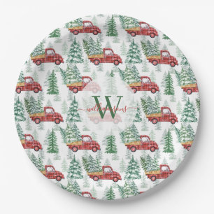 Watercolor Buffalo Plaid Vintage Truck Christmas Paper Plate