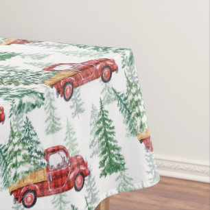 Watercolor Buffalo Plaid Vintage Truck Christmas Tablecloth