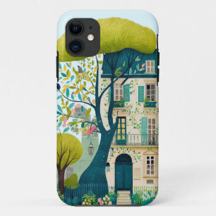 Watercolor building brownstone walkup tree balcony iPhone 11 case