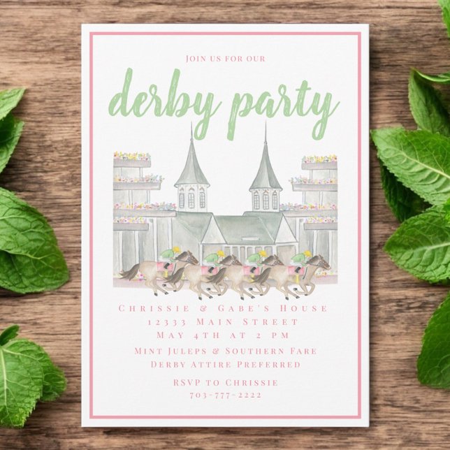 Watercolor Building Derby Party Horse Racing Pink Invitation (Creator Uploaded)