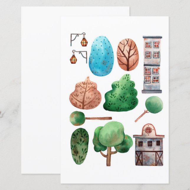 Watercolor buildings trees to cut out and collage (Front/Back)