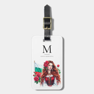 Watercolor Bulgarian Folklore Woman Red Roses Luggage Tag