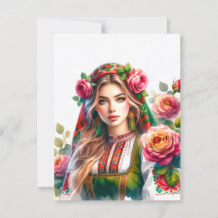 Watercolor Bulgarian Roses & Folk Woman Ethnic Postcard