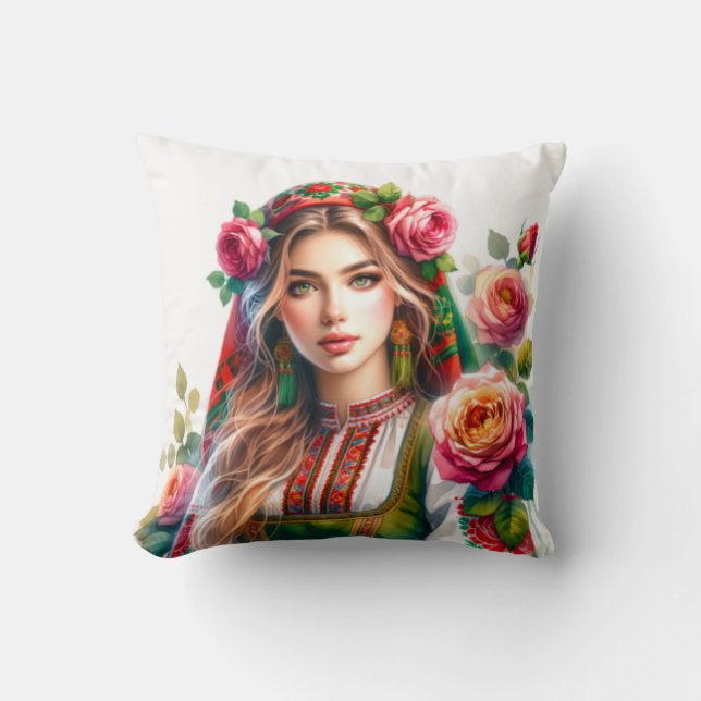 Watercolor Bulgarian Roses & Folk Woman Ethnic  Throw Pillow (Front)
