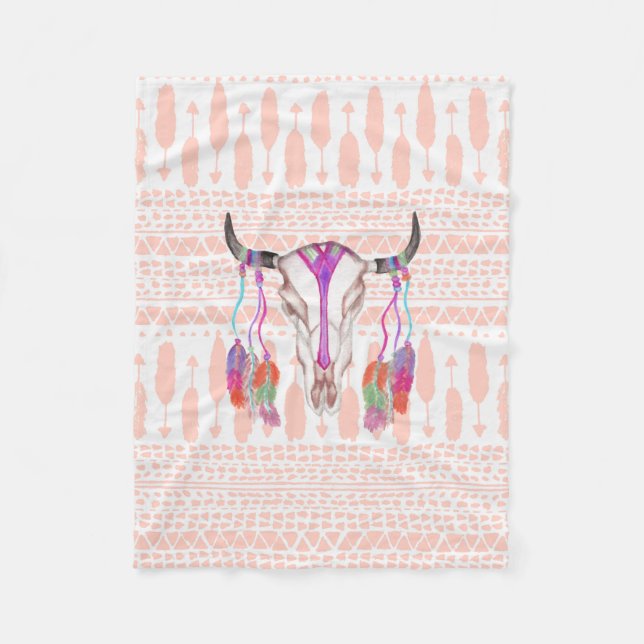 Watercolor Bull Skull Feathers and Arrow Aztec Fleece Blanket (Front)