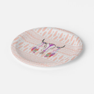 Watercolor Bull Skull Feathers and Arrow Aztec Paper Plate