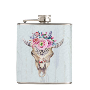 Watercolor Bull Skull Flowers And Horns Hip Flask