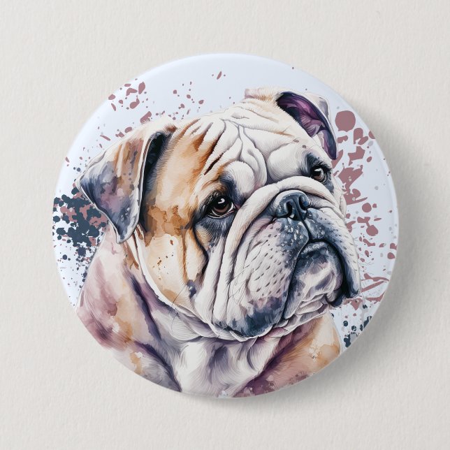 Watercolor Bulldog 3 Inch Round Button (Front)