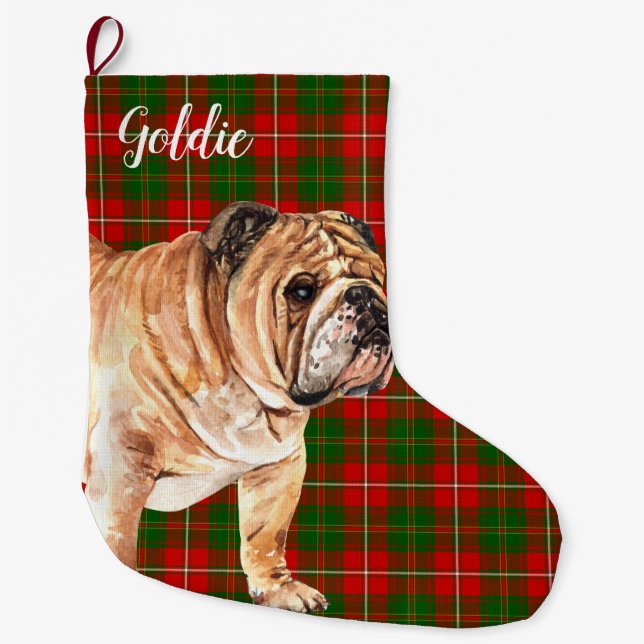 Watercolor Bulldog Personalized Large Christmas Stocking (Front)