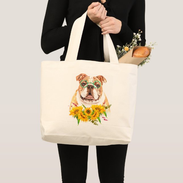 Watercolor Bulldog & Sunflowers  Large Tote Bag (Front (Product))