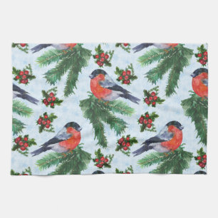 watercolor bullfinch kitchen towel