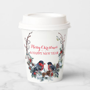 Watercolor Bullfinches Wreath - Merry Christmas Pa Paper Cups