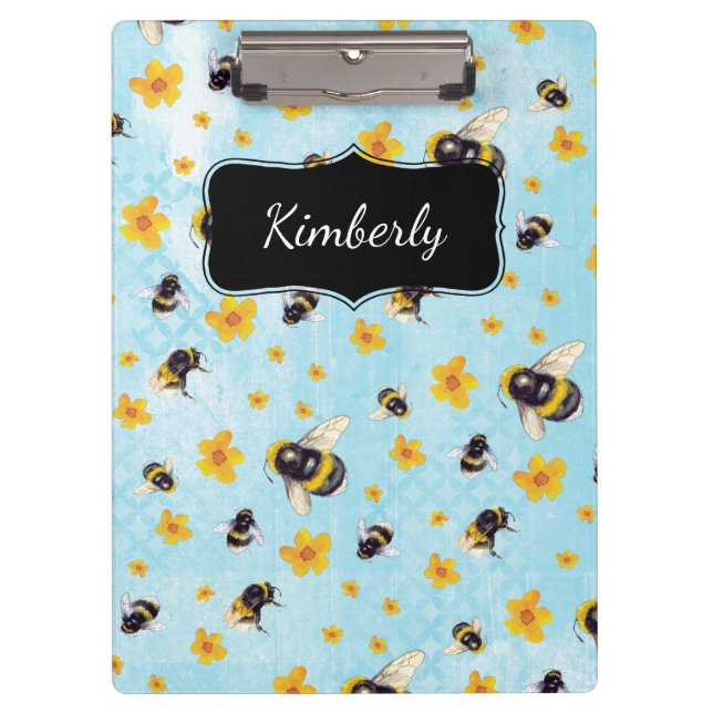 Watercolor Bumble Bee Personalized Pocket Folder Clipboard (Front)