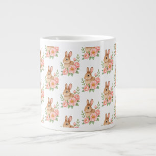 Watercolor Bunnt and Pink Floral Wreath Easter Large Coffee Mug