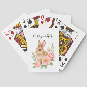 Watercolor Bunnt and Pink Floral Wreath Easter Playing Cards