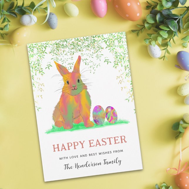 Watercolor Bunny and Eggs Happy Easter (Personalized happy easter cute bunny colorful watercolor easter eggs holiday greetings card)